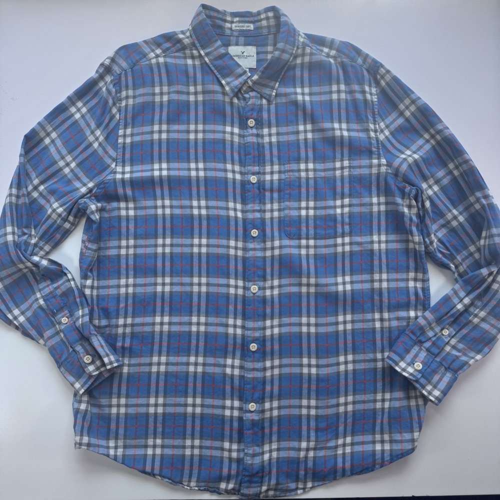 AMERICAN EAGLE Long Sleeve Button Up Flannel Shirt Mens 2XL Blue Seriously Soft